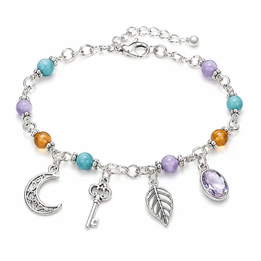 Charm-Armband mit Mond, Schlüssel und Blatt Anhängern, bunte Perlen-decozrina