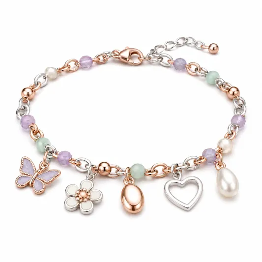 Charm-Armband mit Schmetterling, Herz und Blumenanhängern in Roségold und Silber-decozrina
