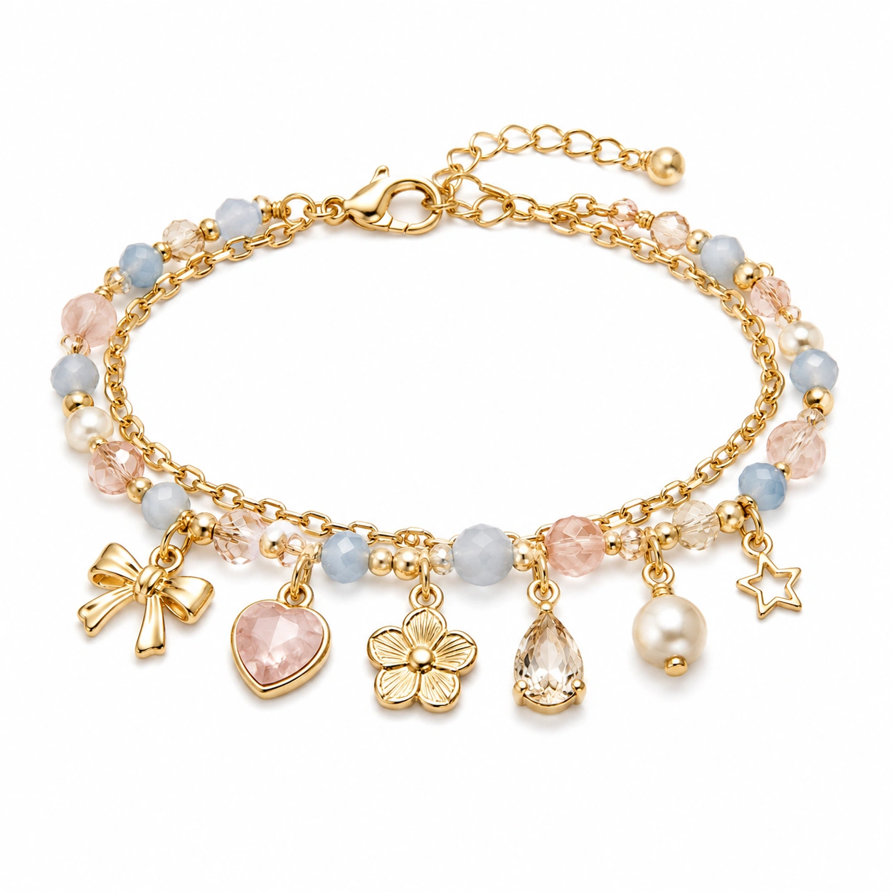 Charm-Armband mit Anhängern, Herz-, Blumen- und Schleifenform, Gold und Pastellfarben-decozrina