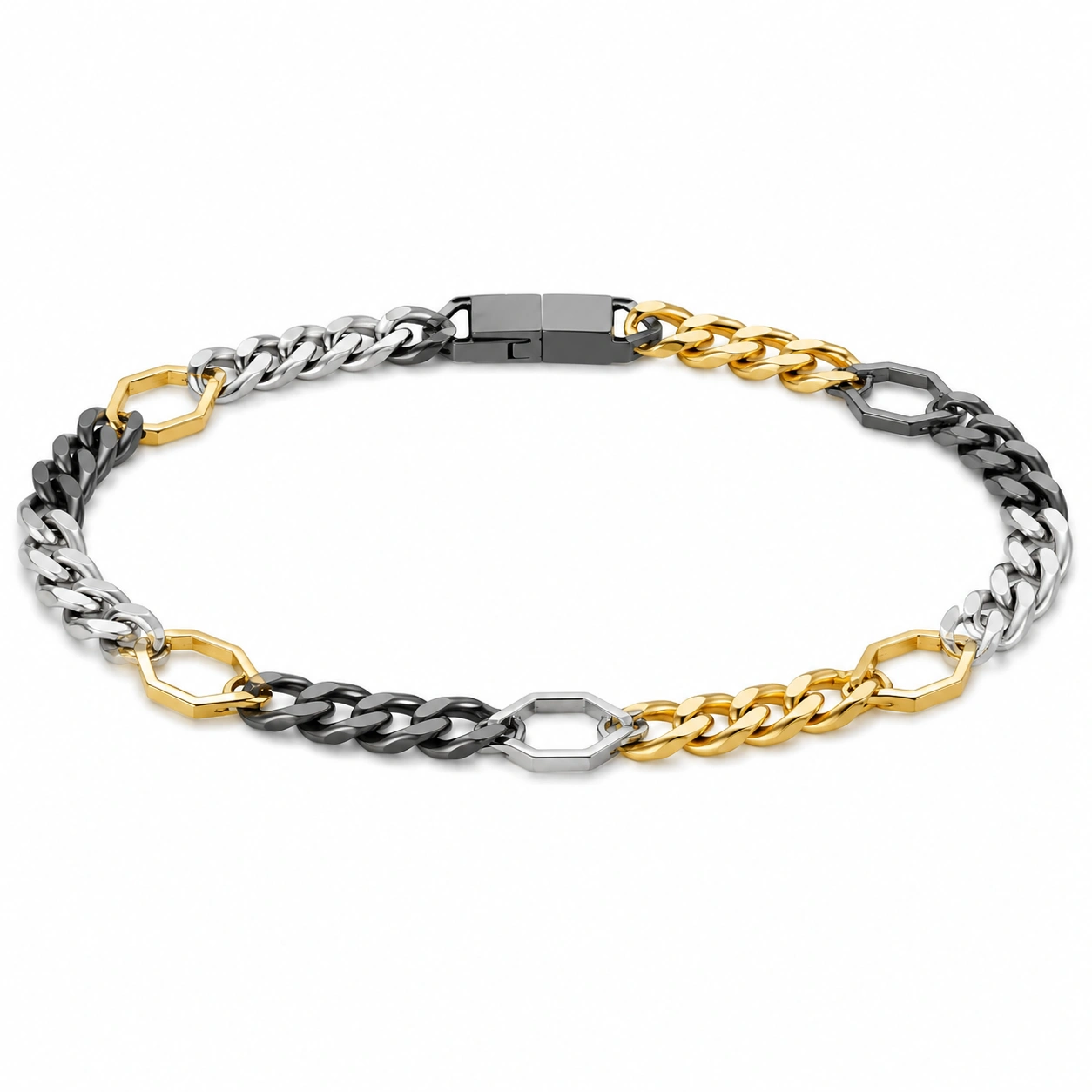 Edelstahl-Armband in Schwarz, Silber und Gold mit Hexagon-Elementen-decozrina