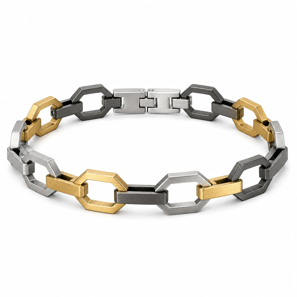 Herren-Armband aus Edelstahl mit geometrischen Kettengliedern in Silber, Gold und Schwarz-decozrina