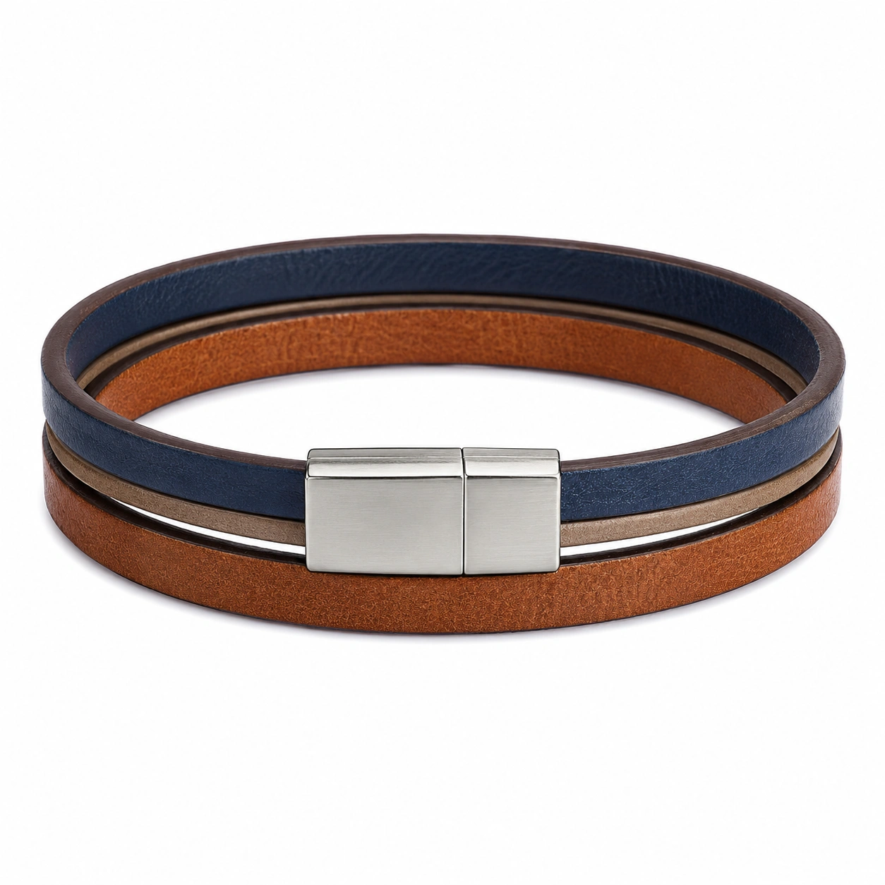 Herren Leder-Wickelarmband Braun/Blau mit Magnetverschluss-decozrina