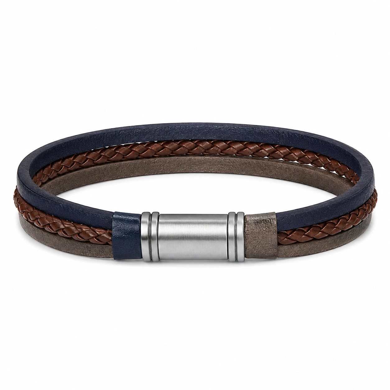 Herrenarmband Leder Edelstahl Blau Braun 21 cm Magnetverschluss-decozrina