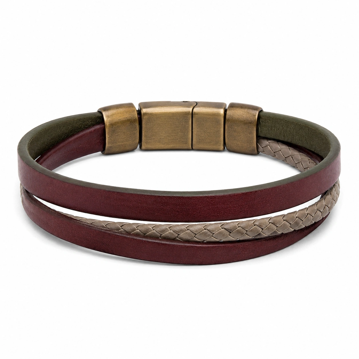 Mehrlagiges Lederarmband mit Magnetverschluss in Rot/Braun/Beige-decozrina