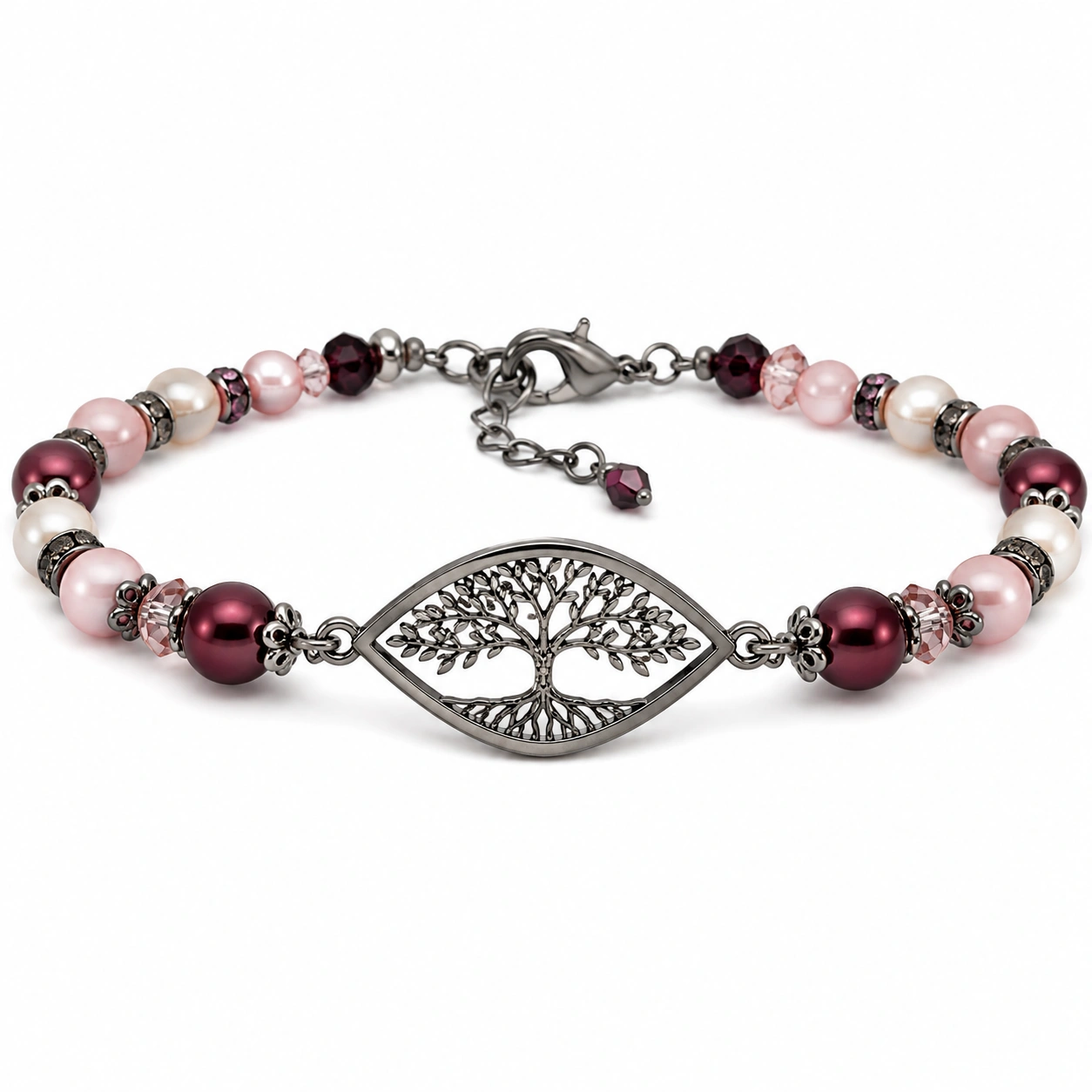 Lebensbaum Armband mit Perlen und Kristallen, verstellbar, Rosa/Lila-decozrina