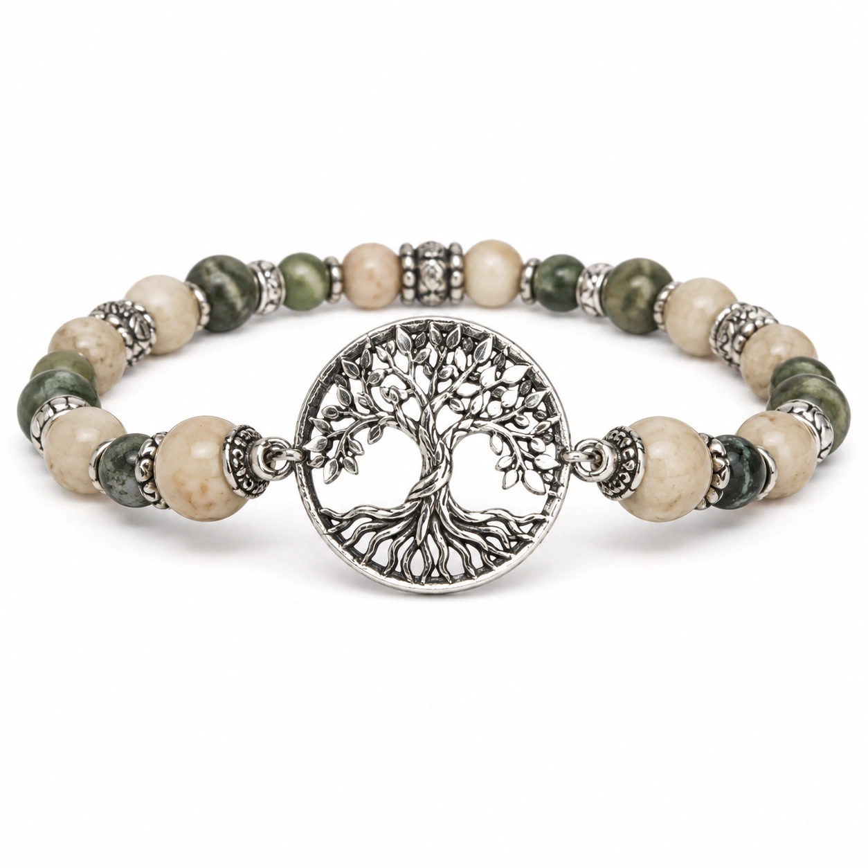 Elastisches Armband mit Lebensbaum-Anhänger in Grün/Beige/Silber-decozrina