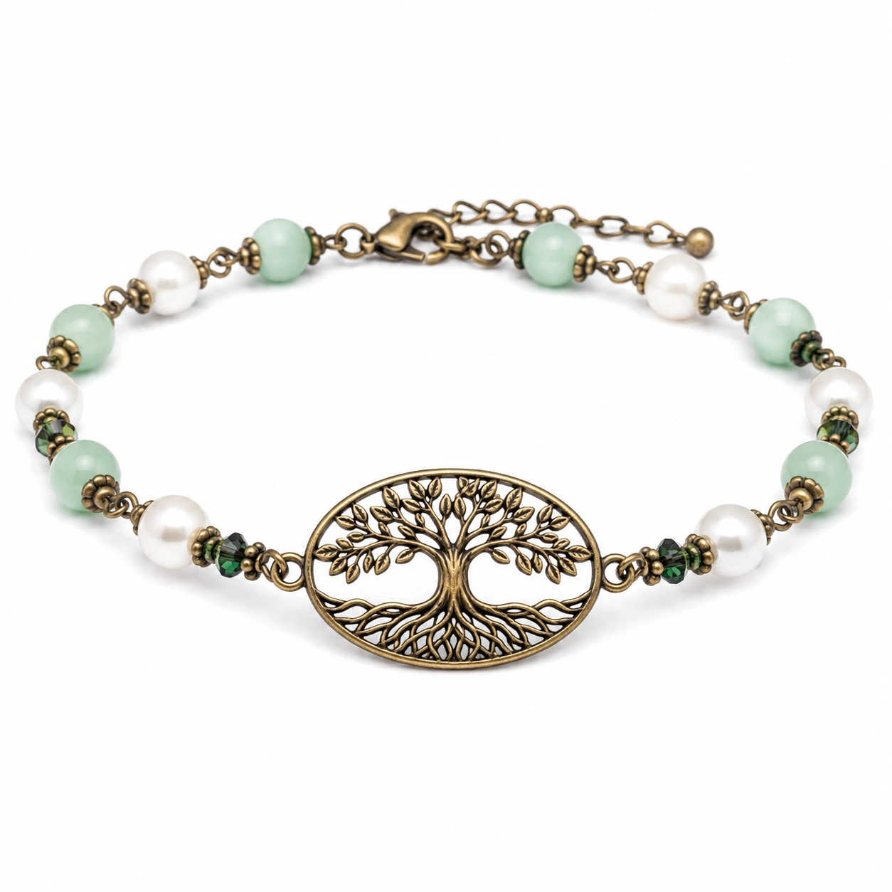 Armband mit Baum des Lebens Anhänger und grünen/weißen Perlen-decozrina