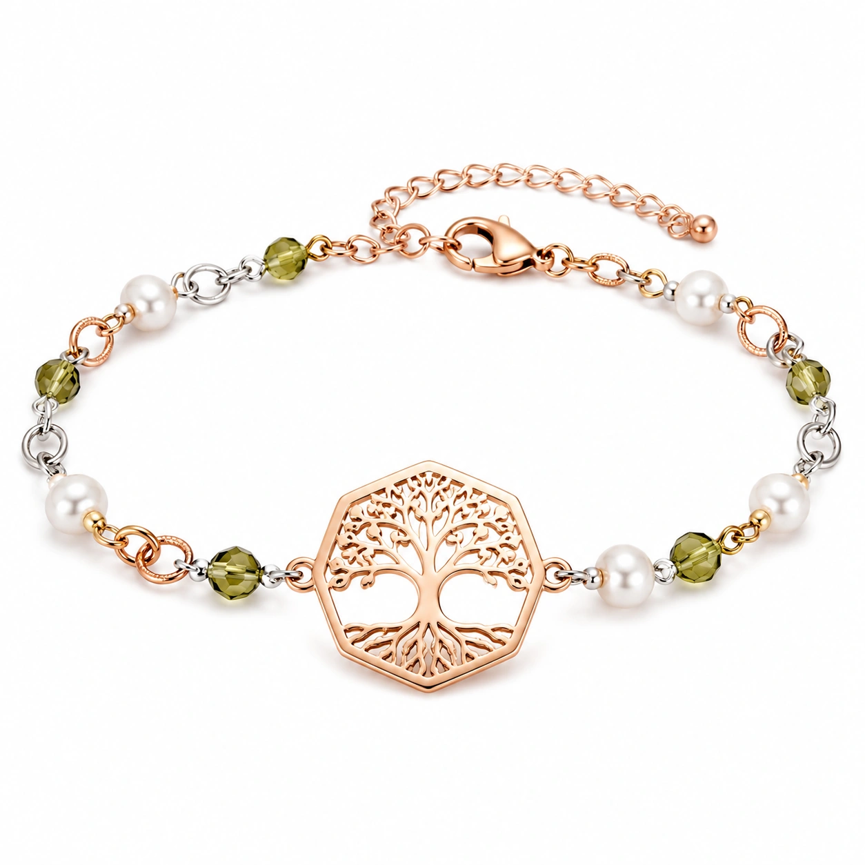 Armband Baum des Lebens mit Perlen und Kristallen - Grün, Roségold-decozrina