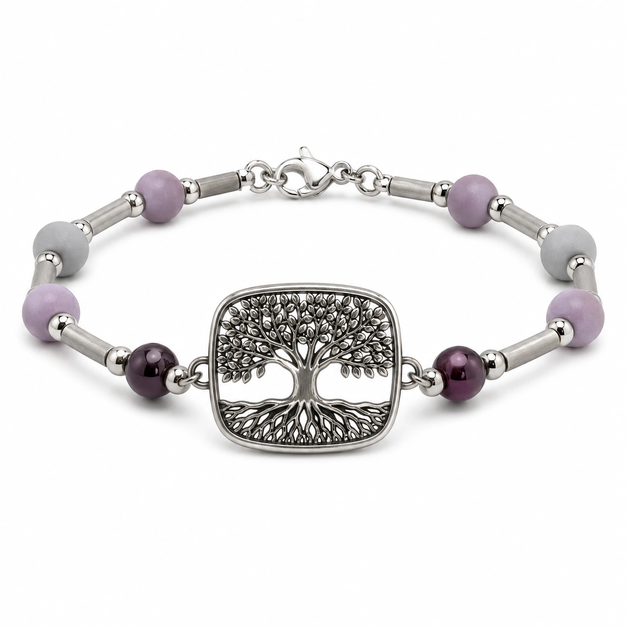 Lebensbaum Armband mit grauen und lila Perlen-decozrina