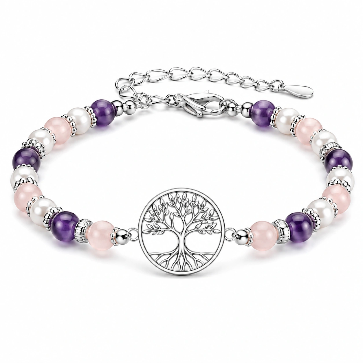 Lebensbaum Armband mit Amethyst, Rosenquarz und Perlen-decozrina