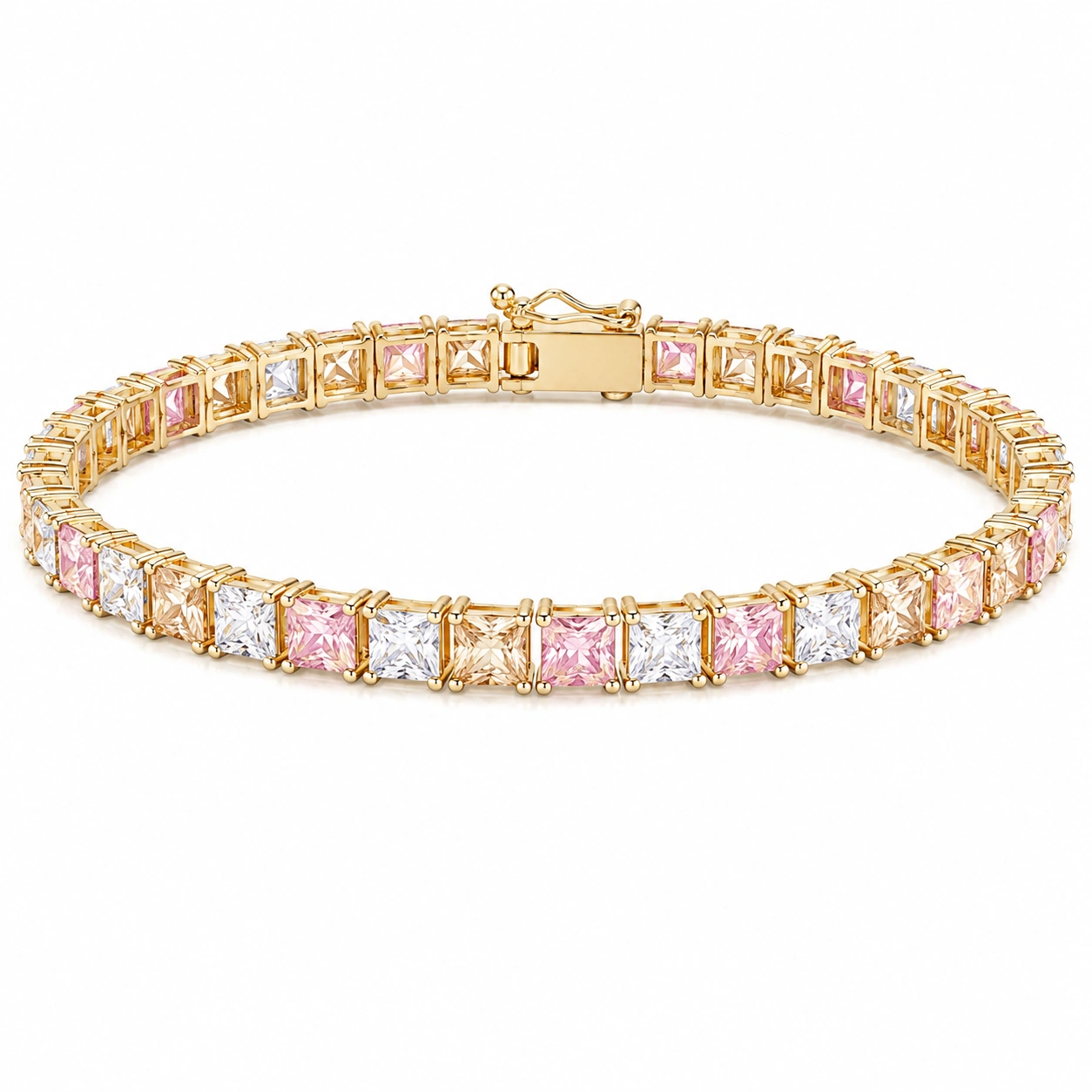 Vergoldetes Tennisarmband mit quadratischen rosa und weißen Kristallen-decozrina
