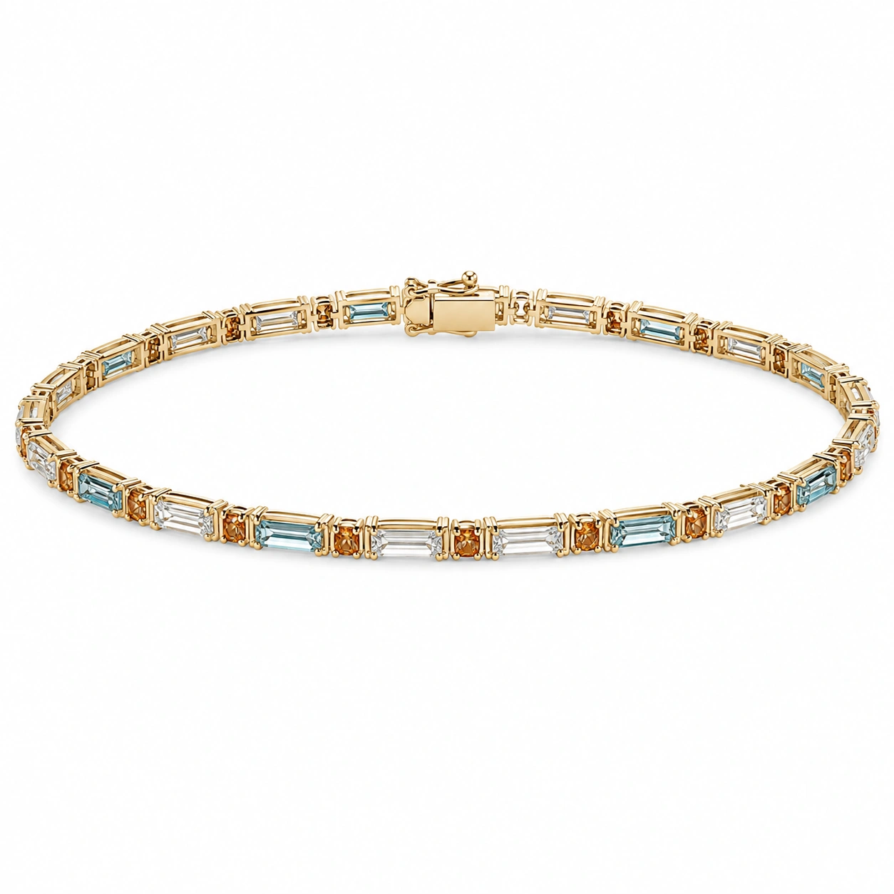 Goldfarbenes Tennisarmband mit Baguette-Kristallen, Blau und Orange-decozrina