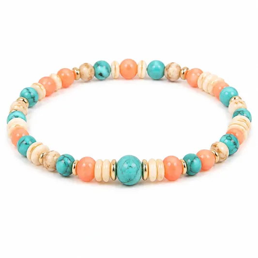 Elastisches Boho-Perlenarmband in Türkis, Orange und Beige-yormaviel