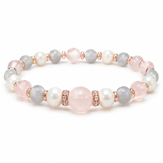 Elastisches Armband mit Rosenquarz, Weiß und Grauen Perlen-irmandrix