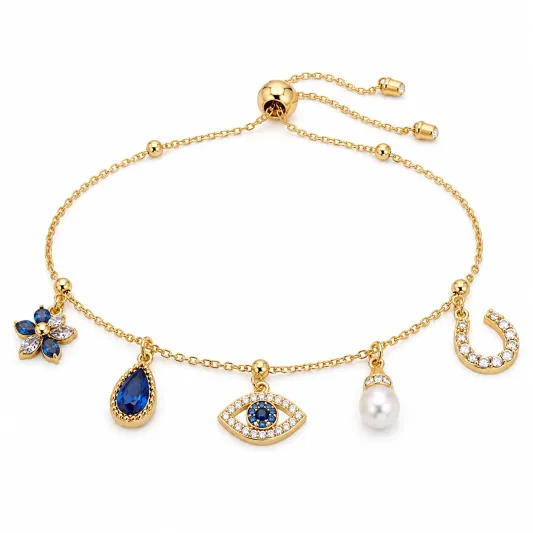 Verstellbares Charm-Armband mit Strass und Perlen in Gold, Blau, Weiß-irmandrix