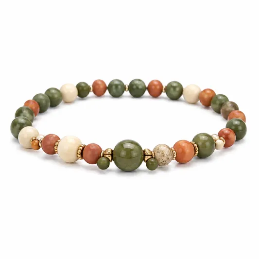 Elastisches Armband mit Natursteinperlen in Grün, Orange und Beige-furnivela