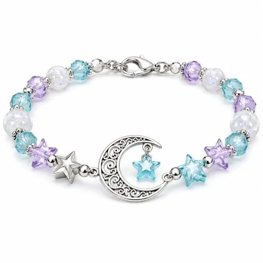 Armband mit Mond- und Sternanhänger, Kristall und Silber, Blau/Lila/Weiß-furnivela
