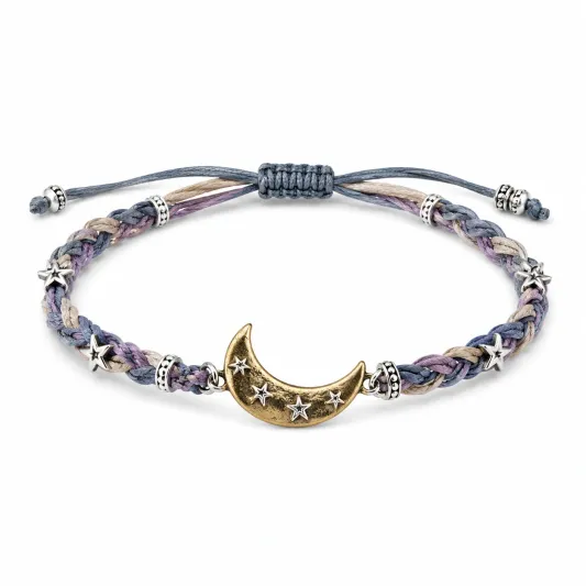 Geflochtenes Armband mit Mond und Sternen, Verstellbar, Blau/Lila/Beige-furnivela
