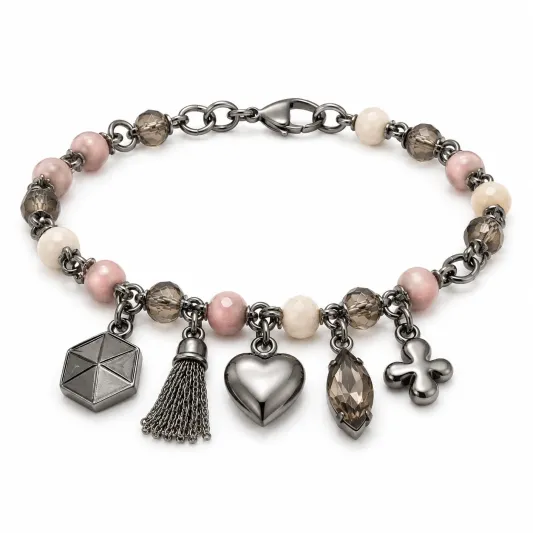 Charm-Armband mit Anhängern und Perlen in Rosa, Beige und Grau-furnivela