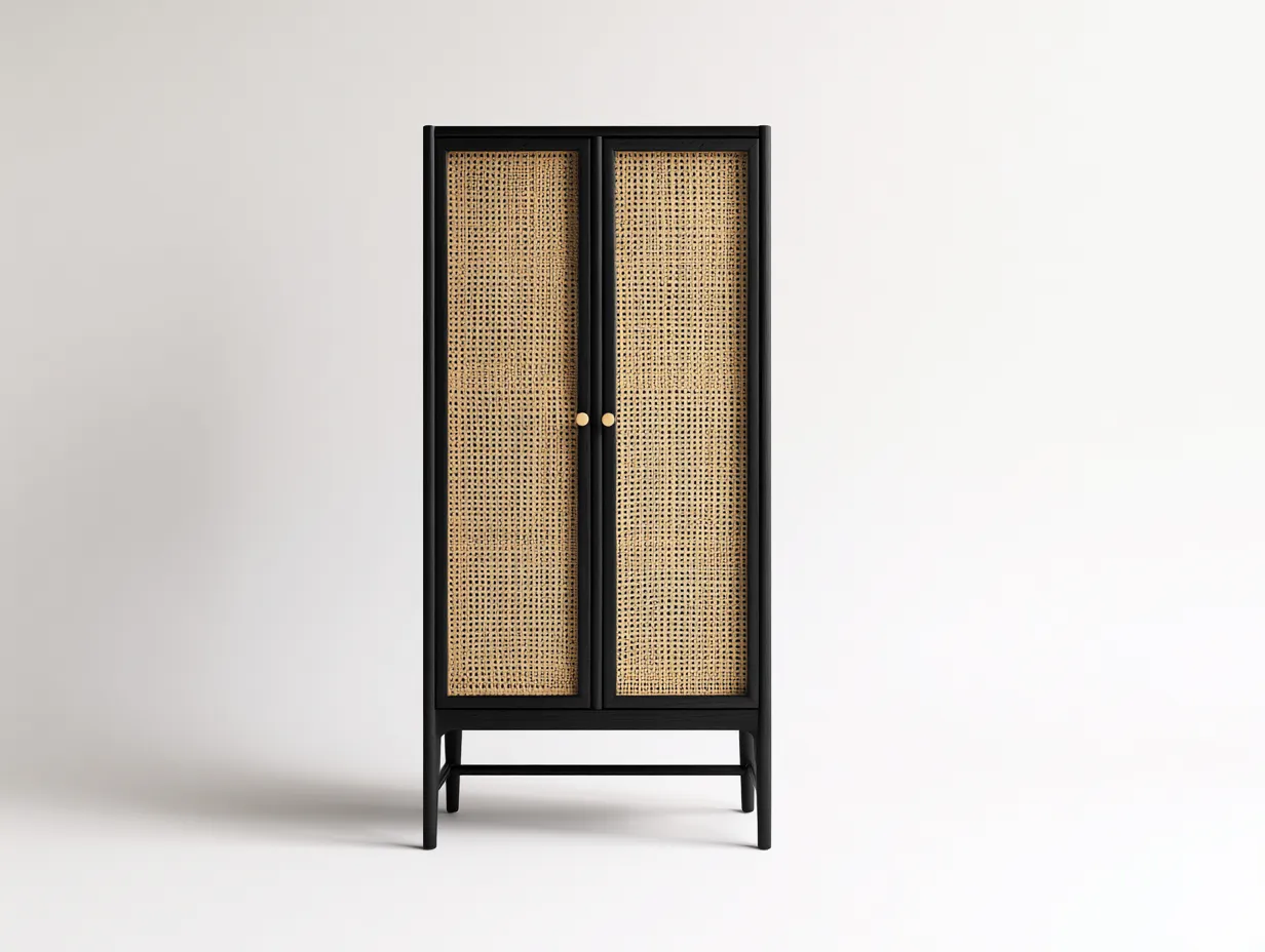 Buffetschrank 82x40x170 cm - schwarz und naturfarben - mit 2 Türen aus Rattangeflecht - hoher Schrank für das Esszimmer im Boho Stil-Norovahaven