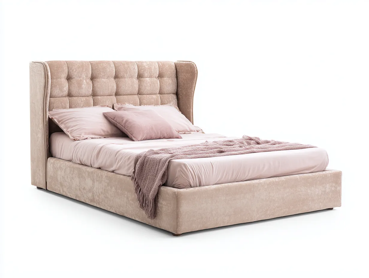 Doppelbett 224x190x138 cm - beige - Samtoptik mit Knopfheftung und Flügelkopfteil für Schlafzimmer-Norovahaven