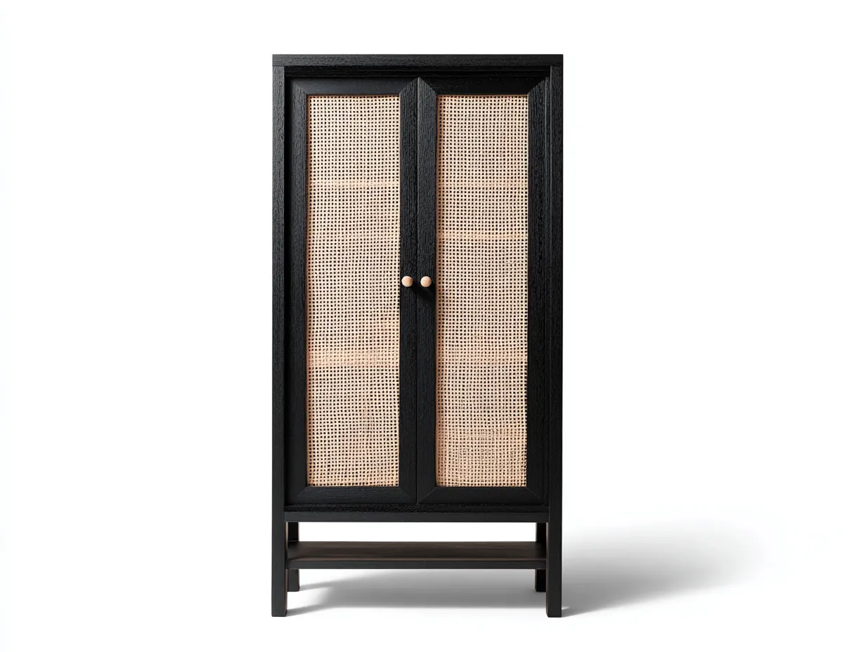 Buffetschrank 80x39x168 cm - schwarz und naturfarben - mit 2 Türen aus Geflecht - Esszimmerschrank mit schlankem Untergestell-Norovahaven