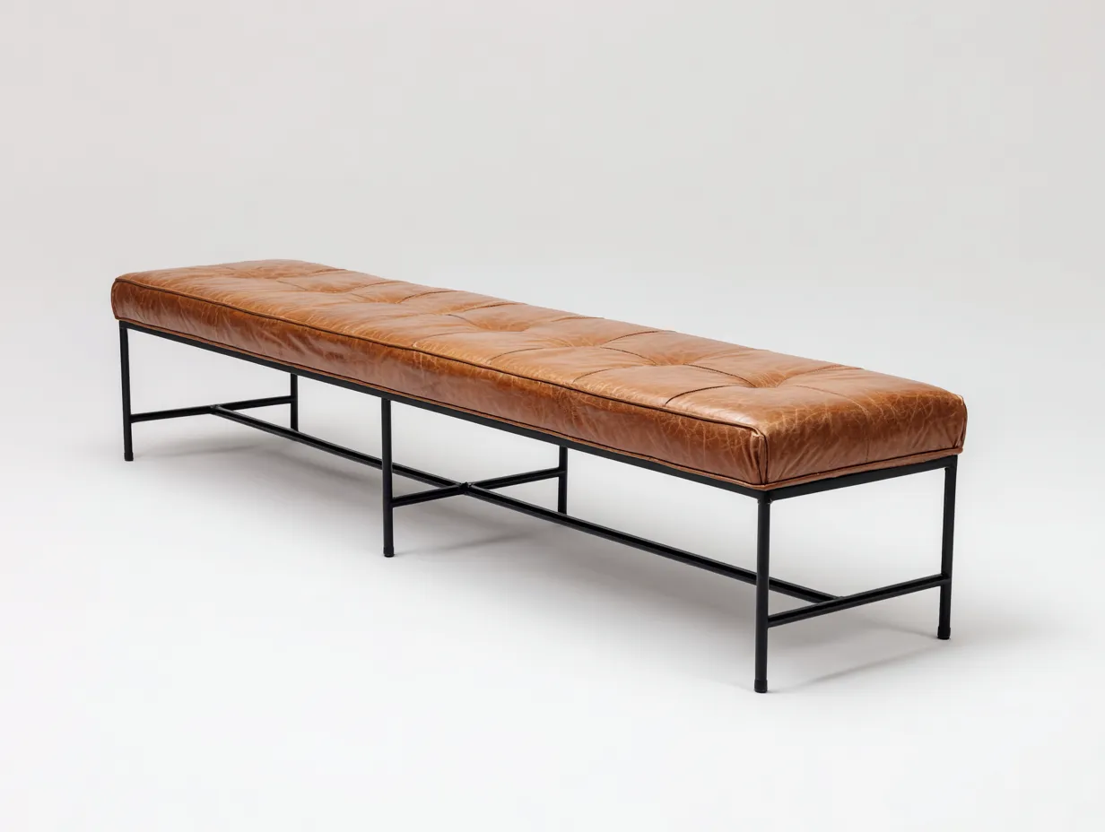 Bank 220x42x46 cm - cognacfarbenes Lederoptikpolster mit schwarzem Rahmen - lange Schlafzimmerbank-Rirayliving