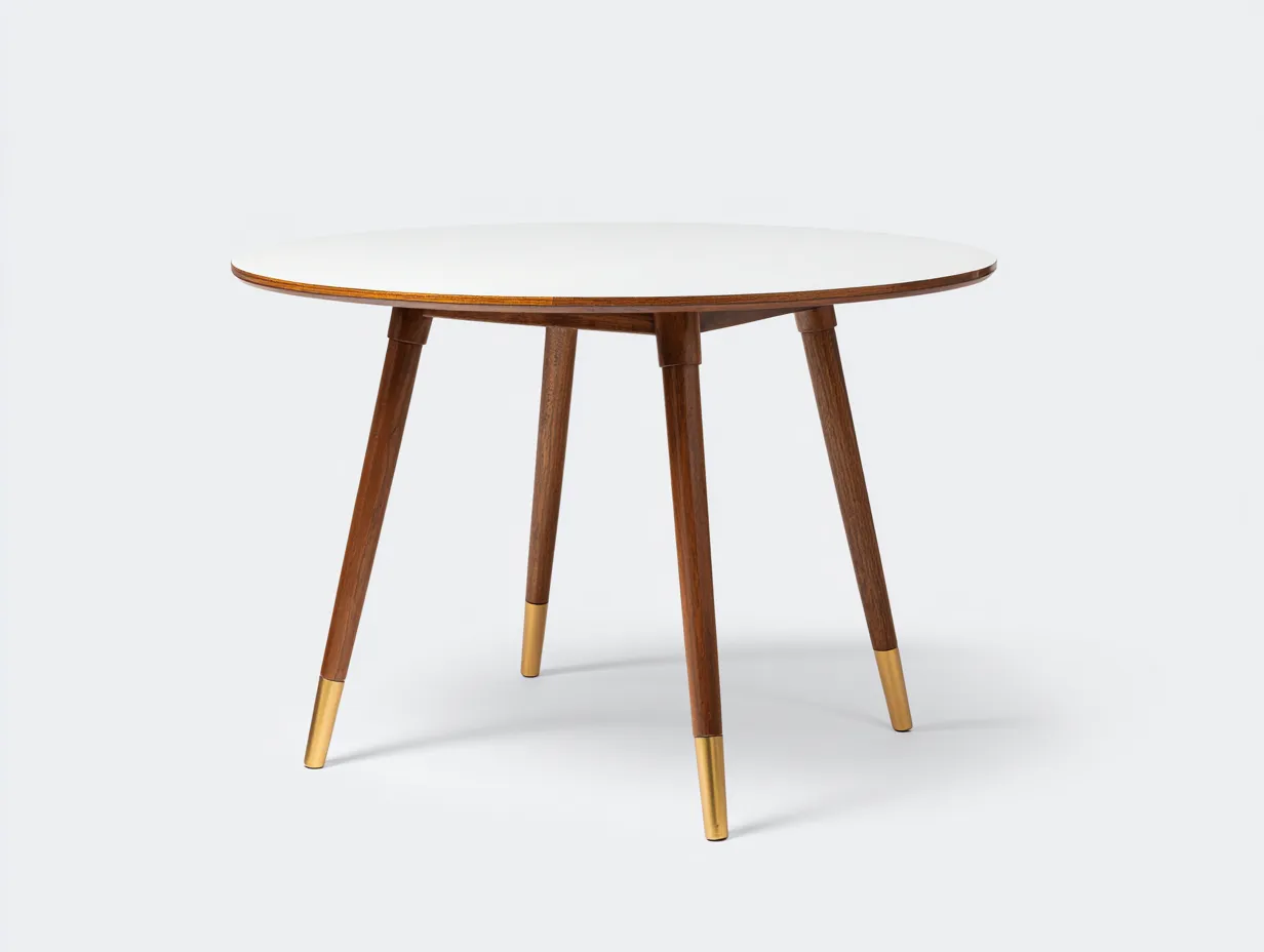 Esstisch 100x100x75 cm - weiße Tischplatte und dunkelbraune Holzbeine - runder Mid Century Stil für das Esszimmer-Rirayliving