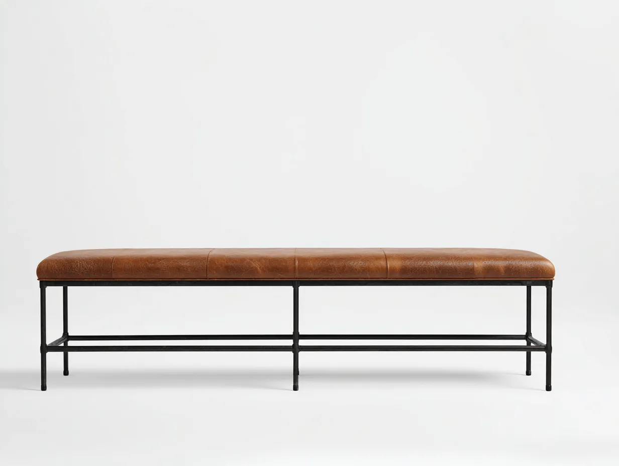 Bank 210x43x46 cm - cognacfarbene Steppfläche mit Metallgestell - industrielle Schlafzimmerbank-Rirayliving