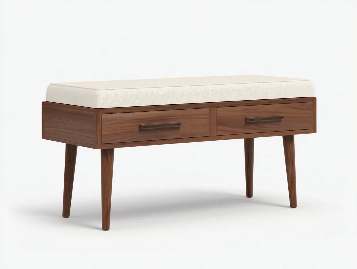 Bank 160x40x52 cm - Walnussholz mit cremefarbenem Polster und zwei Schubladen - Schlafzimmerbank-Rirayliving
