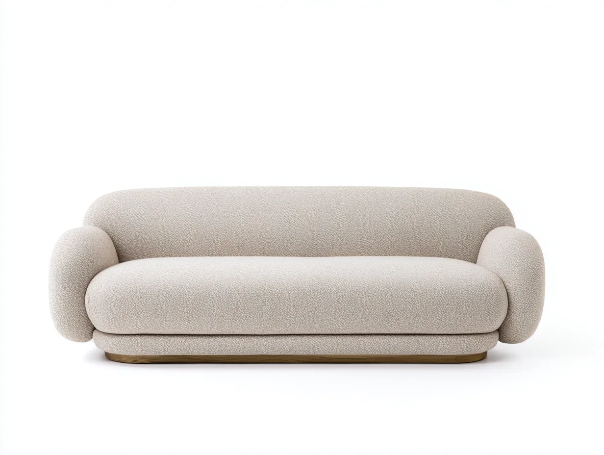 Zweisitzer Bouclésofa in Elfenbein mit niedriger Holzbasis 182 x 94 x 73 cm - für das Wohnzimmer im organischen Stil-Rirayliving