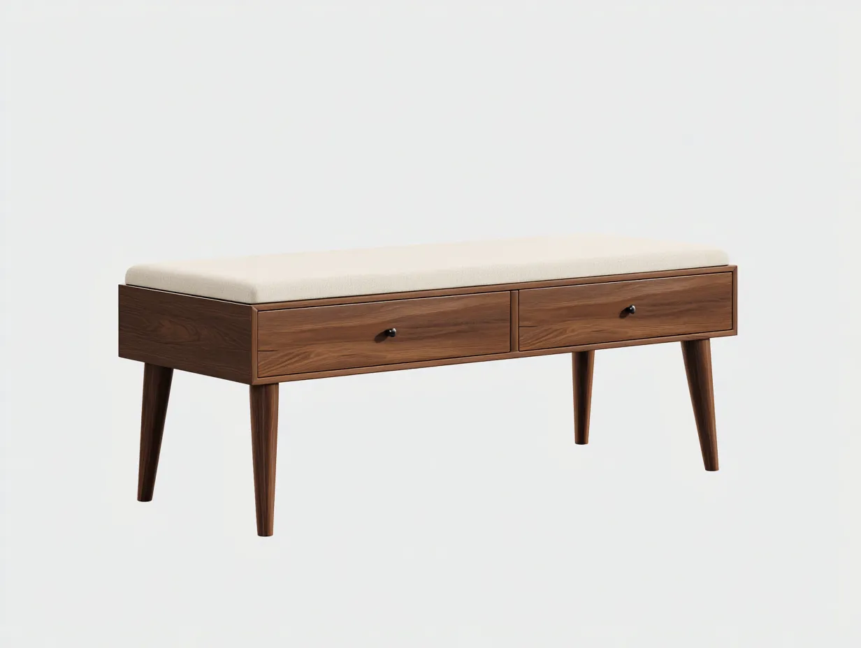Bank 165x42x50 cm - braune Holzoptik mit hellem Polster und Schubladen - Retro Schlafzimmerbank-Rirayliving