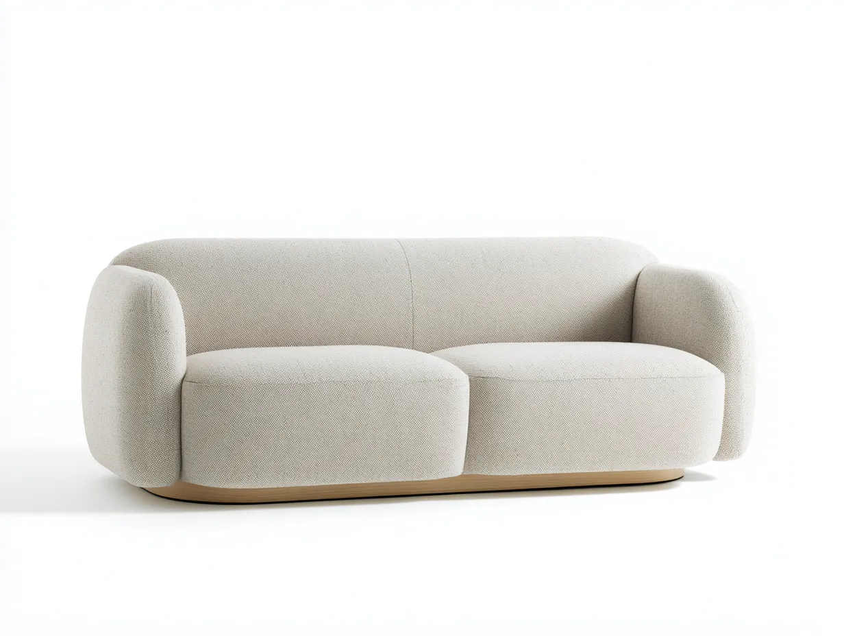 Zweisitzer Bouclésofa in Cremeweiß mit Holzsockel 176 x 92 x 74 cm - für das Wohnzimmer im weich gerundeten Design-Rirayliving