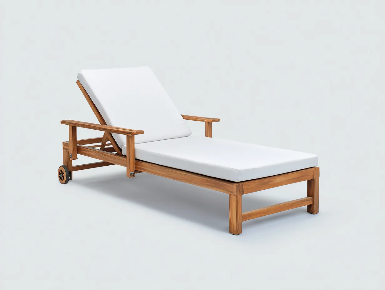 Liegestuhl Teakholz mit Rollen und heller Auflage 202 x 72 x 36 cm - teak und weiß - für Terrasse und Garten-Rirayliving