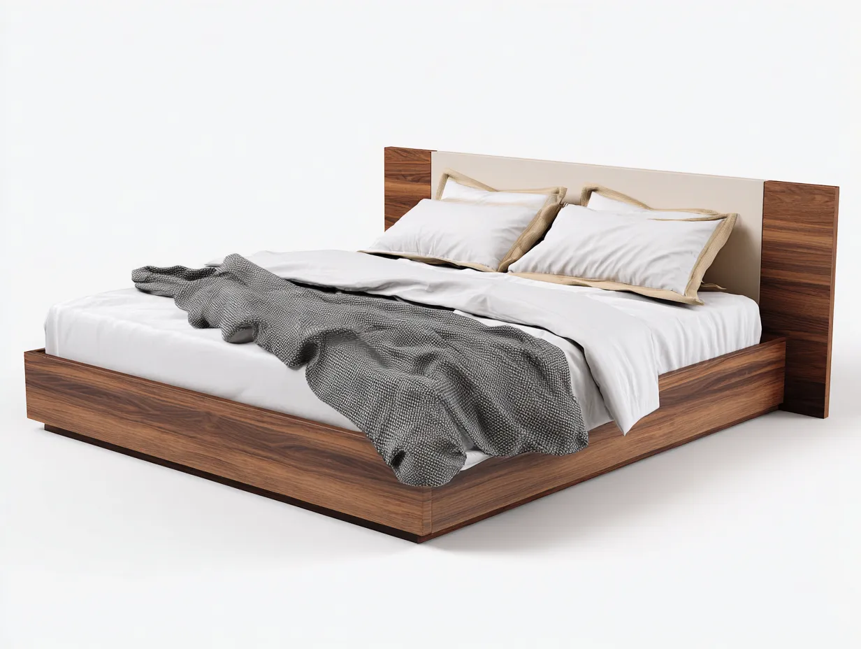 Doppelbett Holz Stoff 224x190x96 cm - walnussbraun und beige - breites Kopfteil für Schlafzimmer-Tazospace