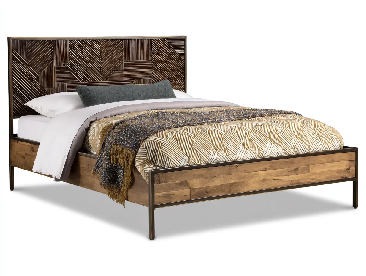Doppelbett Holz und Metall 220x188x112 cm - braun und schwarz - grafisches Kopfteil für Schlafzimmer-Tazospace