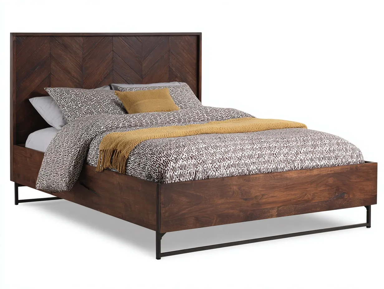 Doppelbett Holz und Metall 218x188x110 cm - dunkelbraun und schwarz - Fischgrät Kopfteil für Schlafzimmer-Tazospace