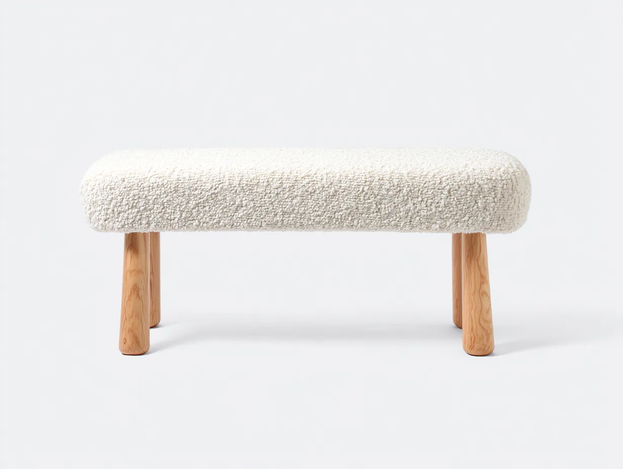 Bank Teddy Stoff 112x39x45 cm - cremeweiß - runde Polsterbank mit Holzfüßen-Tazospace