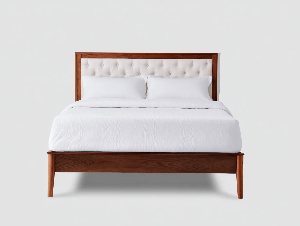 Doppelbett Holz und Stoff 216x186x105 cm - holzbraun und beige - gepolstertes Kopfteil für Schlafzimmer-Tazospace