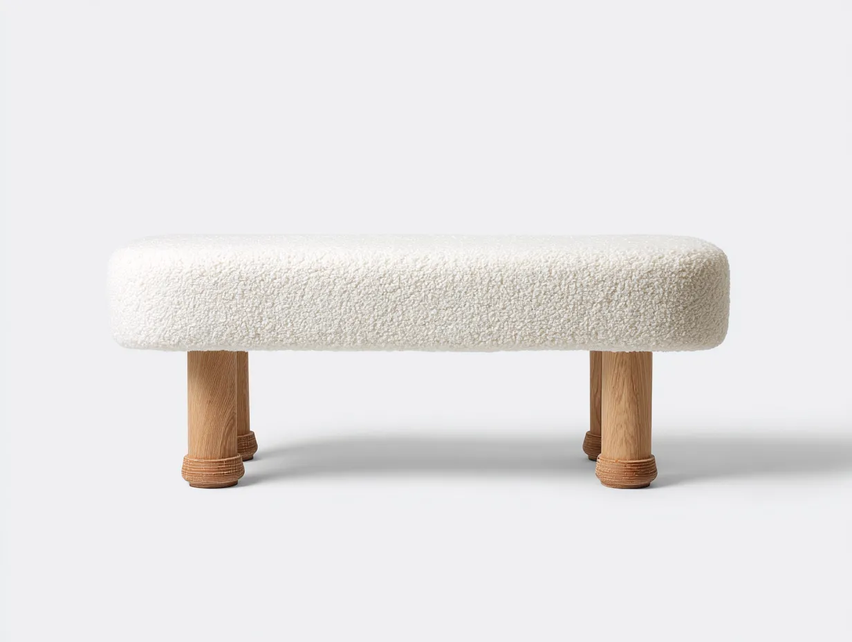 Bank Bouclé 110x38x45 cm - elfenbein - gepolsterte Sitzbank mit massiven Holzbeinen-Tazospace