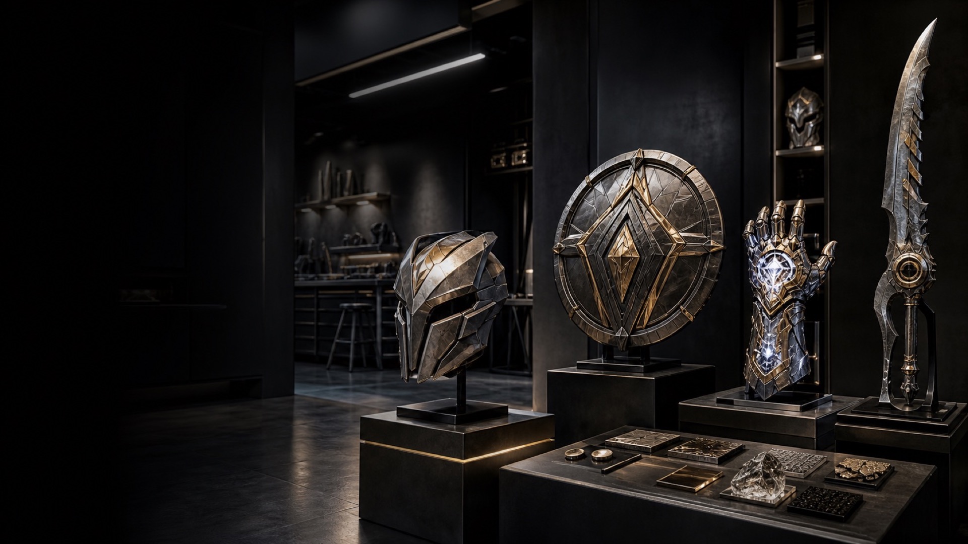 original CLOUDISLES collectible props displayed in a dark cinematic studio