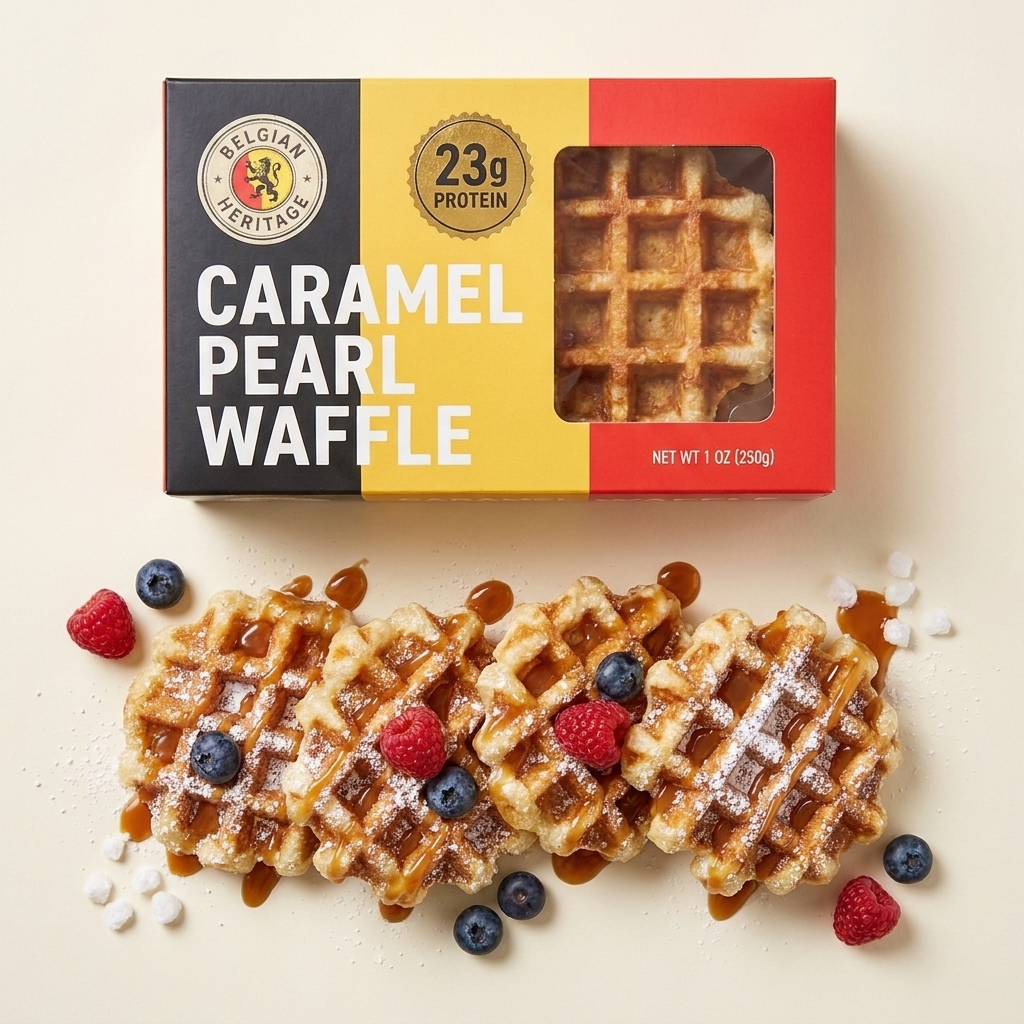 The Belgian Protein lineup: caramel pearl waffles, chocolate, protein frites, Brussels waffles and cookie butter
