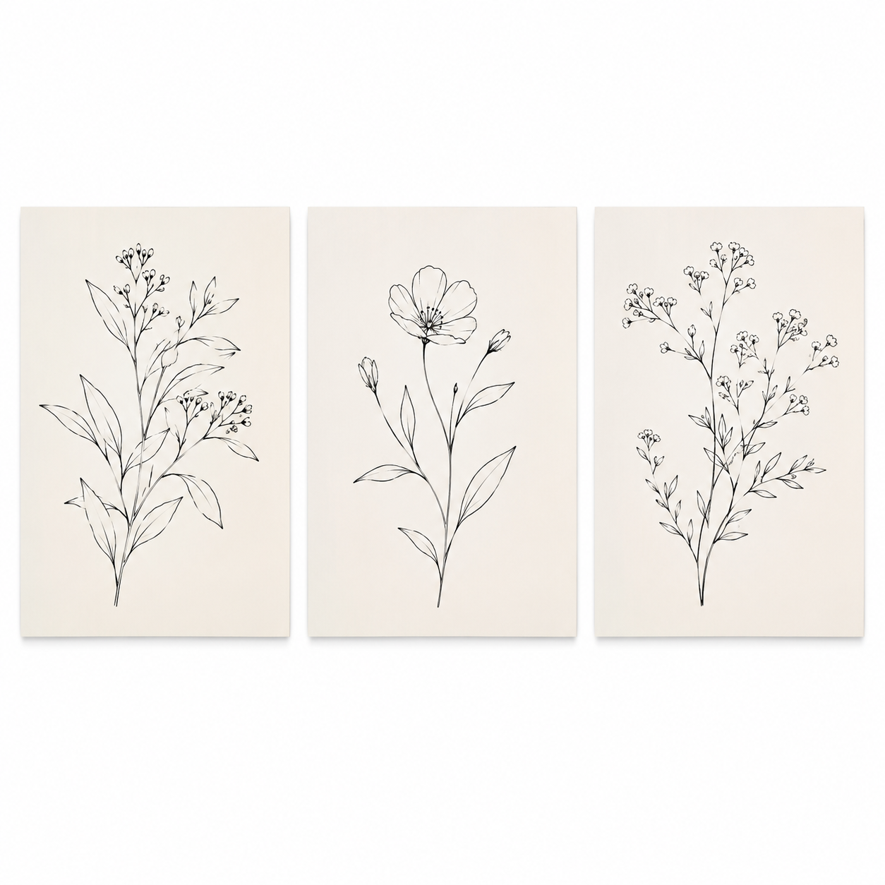 Dreiteiliges Poster Set botanische Linienzeichnungen in Schwarz 30x40 cm