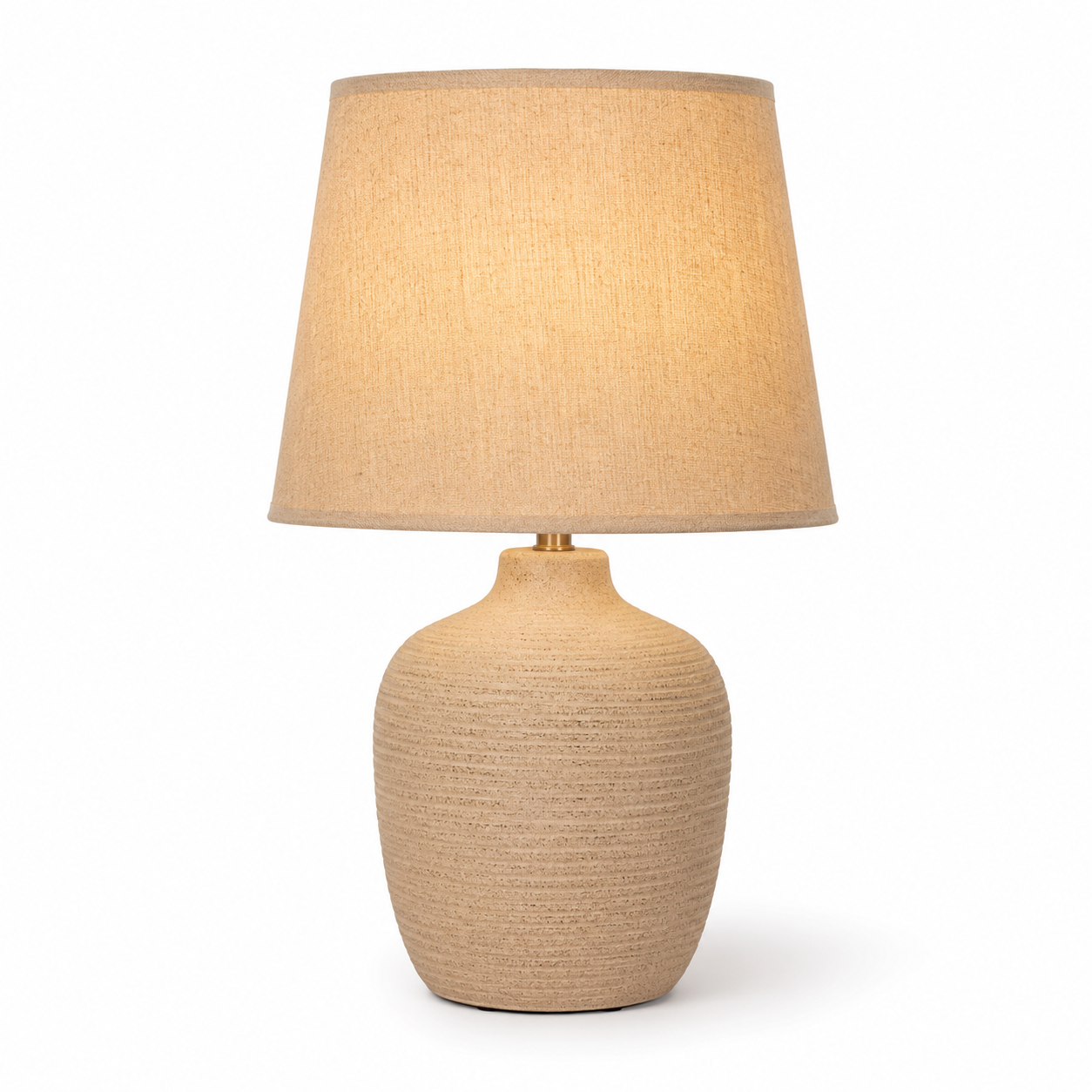 Stoff Tischlampe in Sand mit Keramikfuß 42 cm