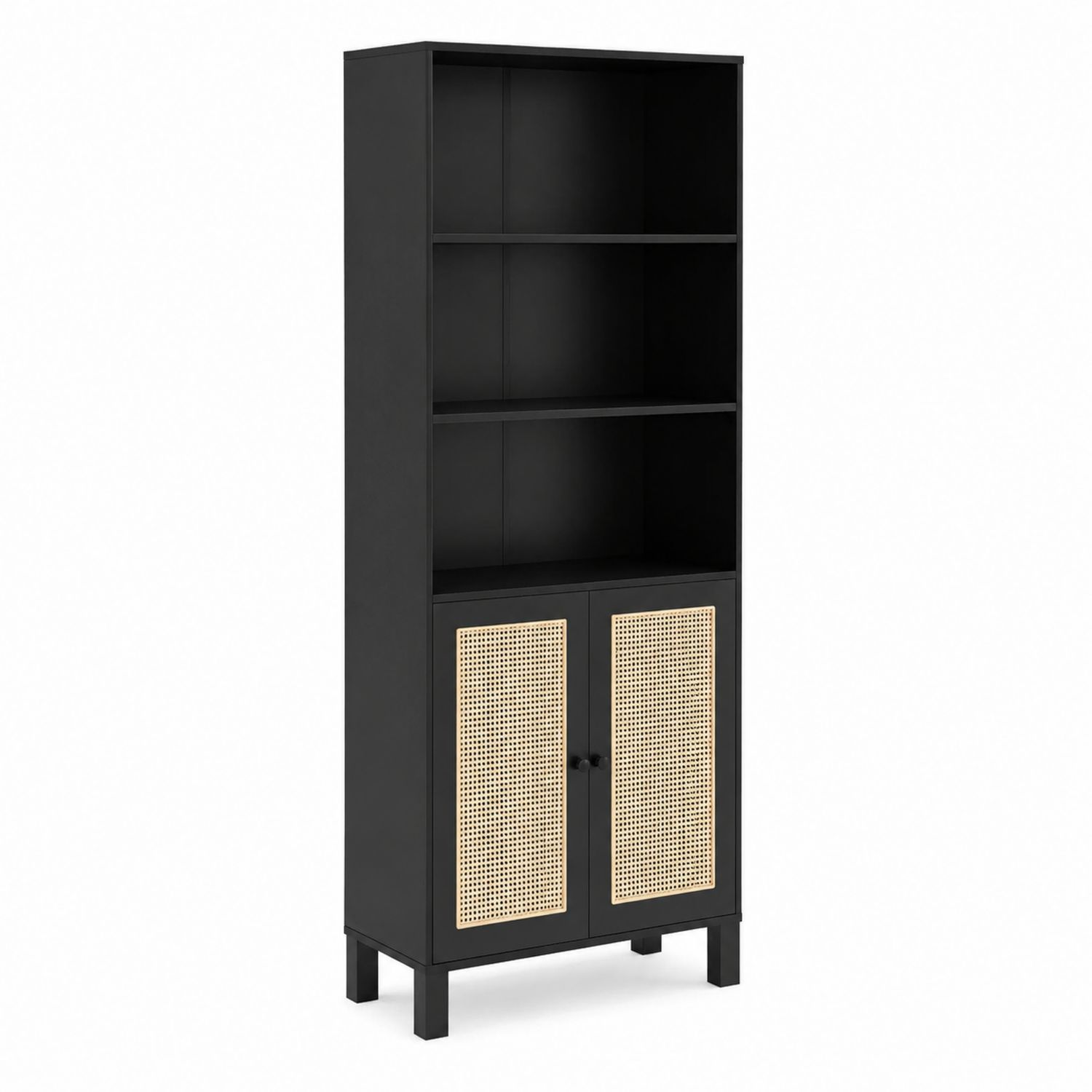 Bücherschrank Schwarz mit Rattantüren 180x80x30 cm