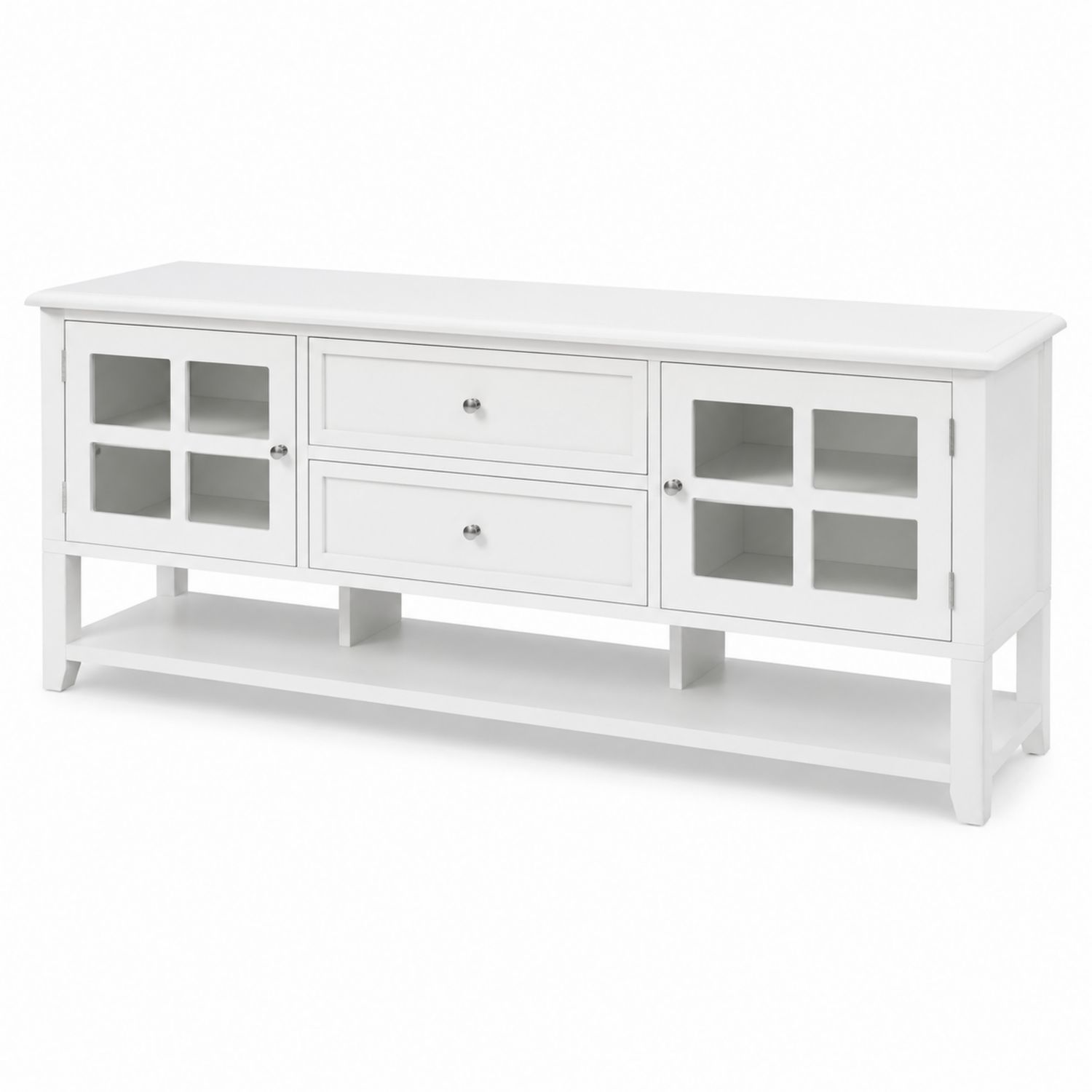 Weißer Holz-TV-Schrank mit Glasfenstern und Schubladen
