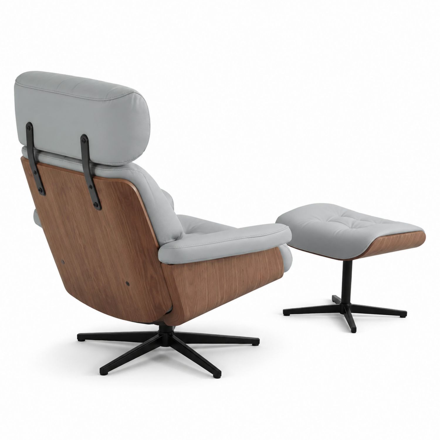 Drehbarer Loungesessel mit Fußstütze aus Holz und Leder, Grau/Walnussholz