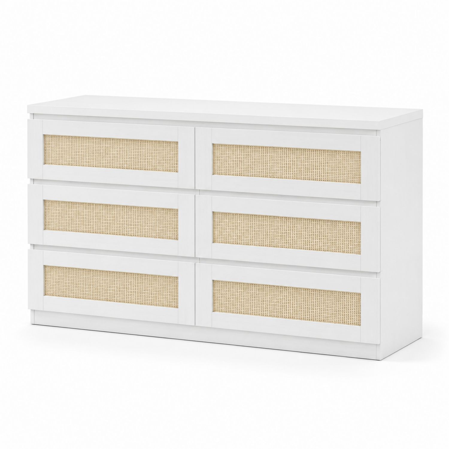 Kommode mit 6 Schubladen aus Holz und Rattan Weiß