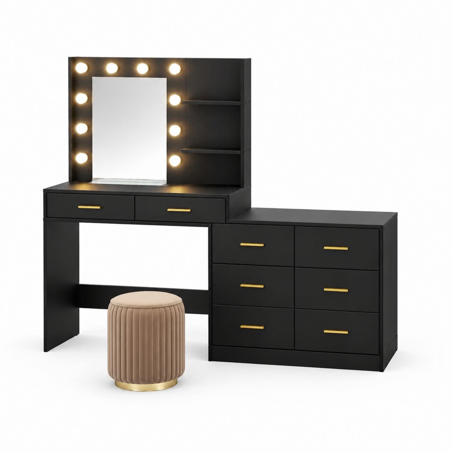 Schminktisch mit Spiegel und LED-Beleuchtung, MDF, Schwarz, mit Samthocker
