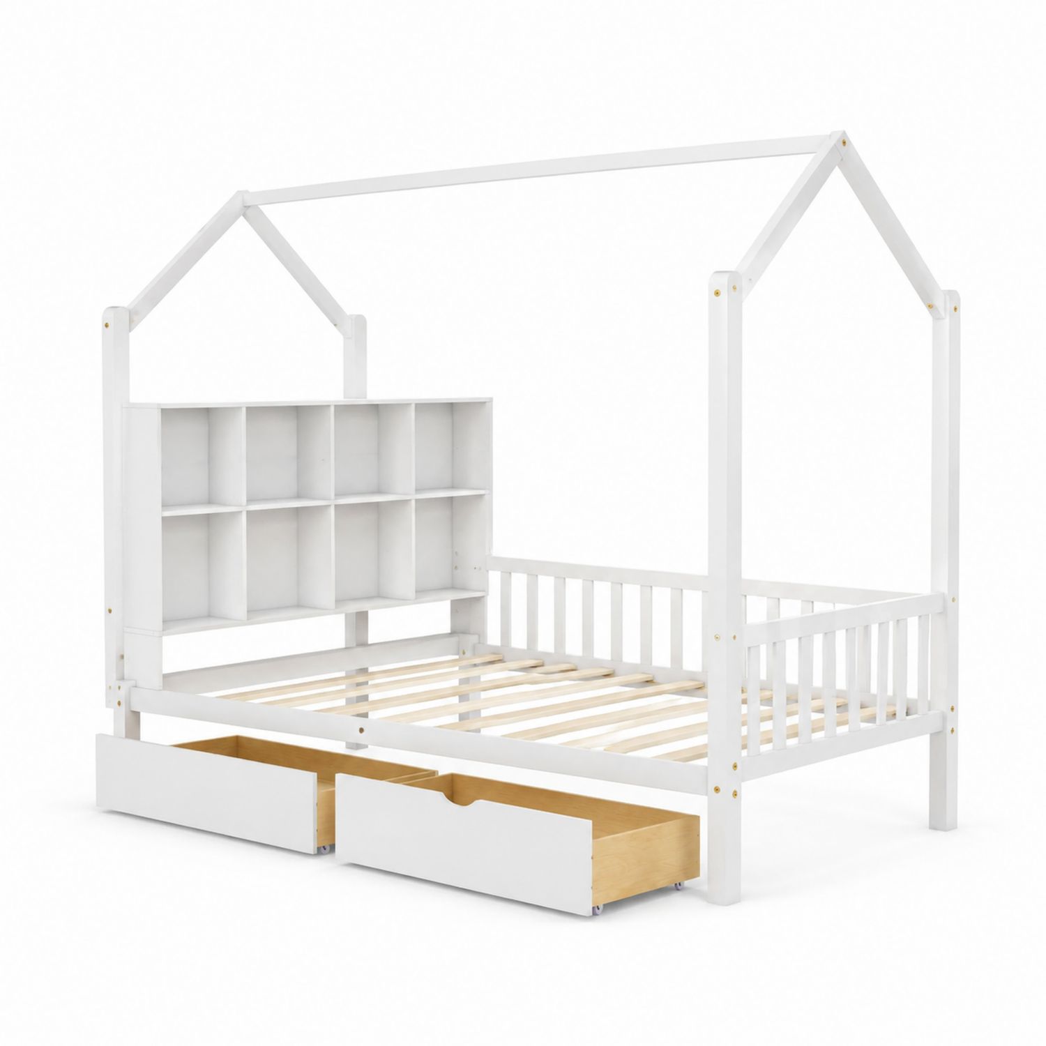 Hausbett mit Schubladen und Regal aus Holz Weiß 200x90cm